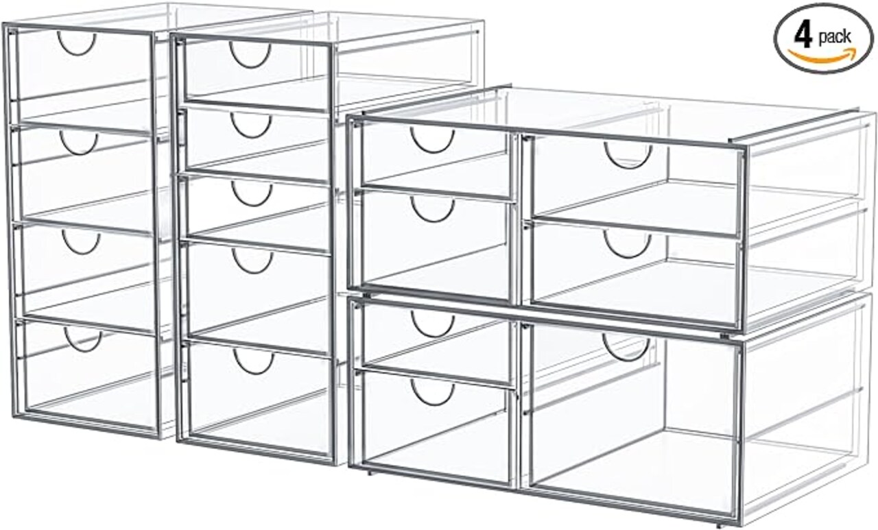 Makeup Organizer With 16 Drawers, 4 Pieces Desktop Office Supplies, Desk Organizers, Clear Desk Accessories, Dustproof Drawer Storage for Makeup, Jewelry, Pen, Stationery